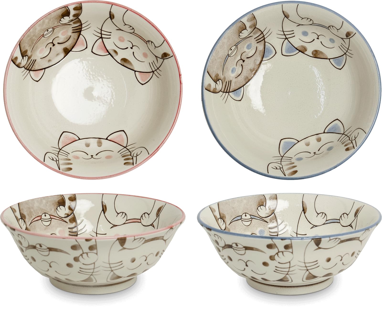 Set par 2 - Japonais - Bols Ramen - Chat porte-bonheur - Ensemble de bols - Plat de service - Bol à salade - Bol à saladier - Bol à fruits - Bol à nouilles - Bol à soupe - Poke bowl - Bol à Ramen -