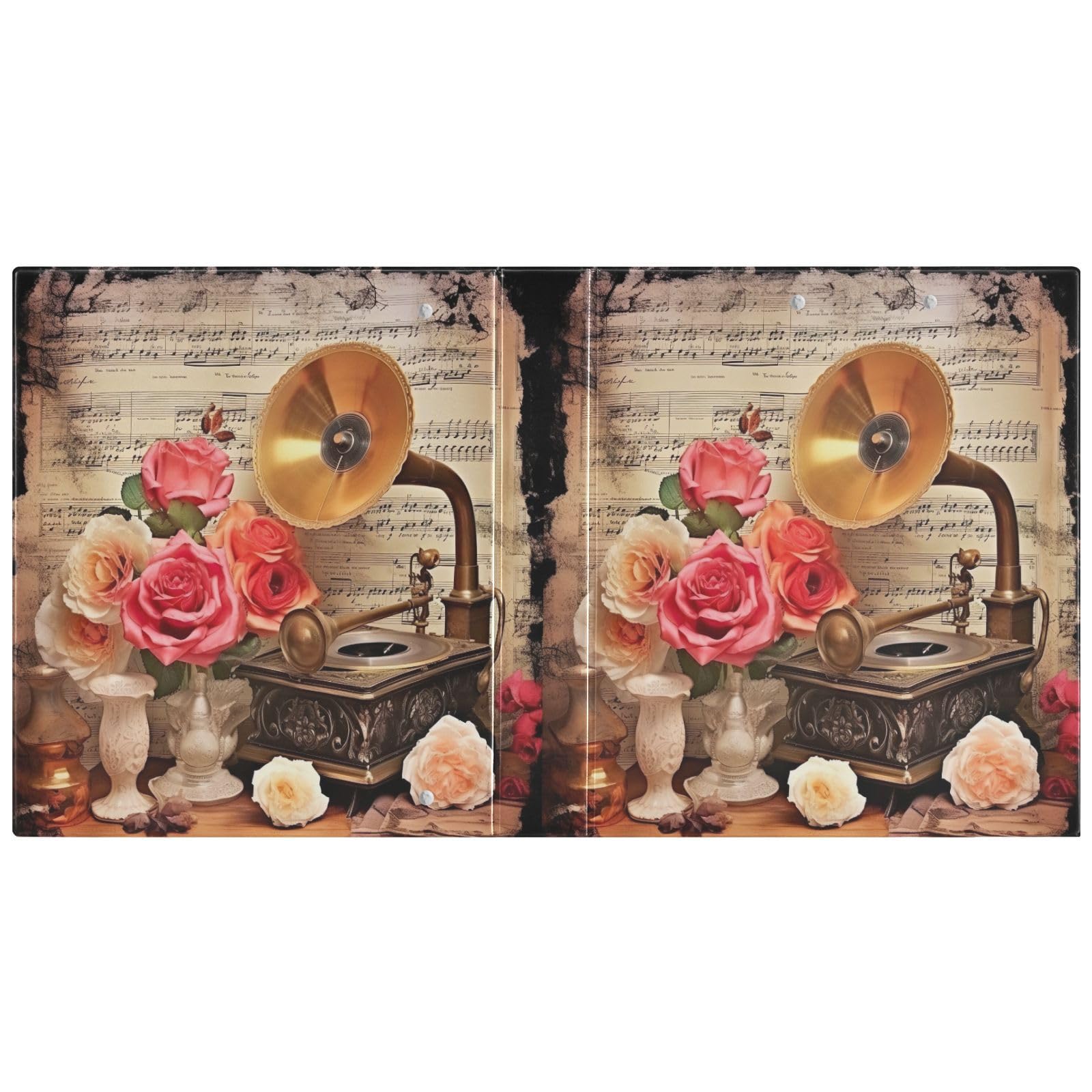 2 raccoglitori ad anelli da 3 pollici, vintage, con grammofono e rose, con clip in metallo, formato lettera, per casa e ufficio