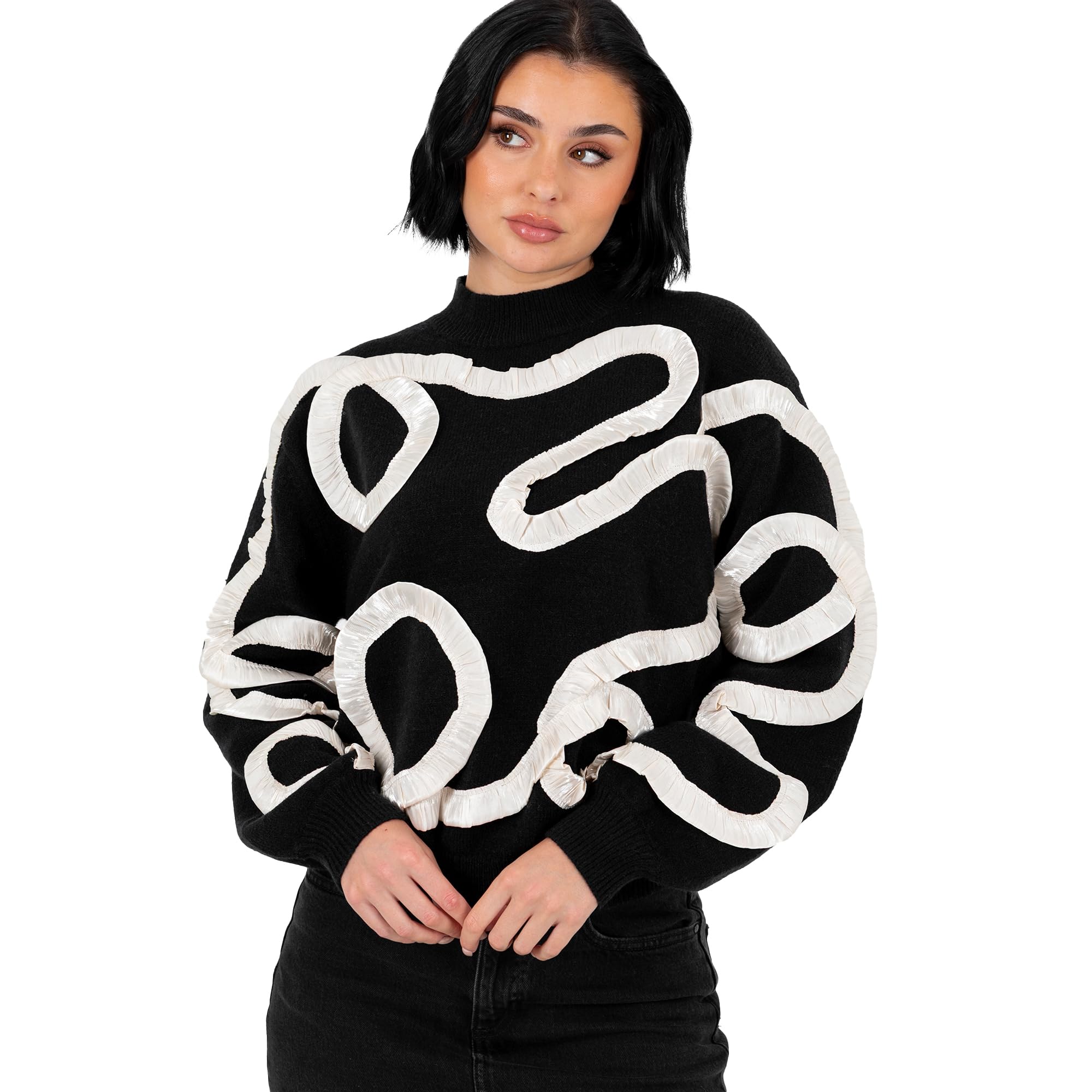 Lovedrobe Women's Jumper Ladies Sweater High Neckline Satin Squiggle Appliqué Long Sleeve Pullover Soft Knitwear Top, Black 24-26