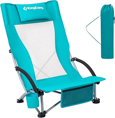 KingCamp Low Sling Beach Chairs,Folding LowHigh Mesh Reclining Back Low Seat Beach Chair for Adults with Headrest,Cup Holder,Carry Bag Padded