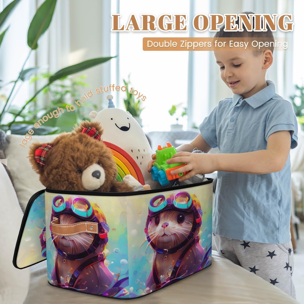 Storage Bin Set of 2 Cute Animal Storage Basket with Zipper Lid & Handle Foldable Closet Shelf 2 Pack Cloth Organizer Basket Cube Bins Clothes Organizer for Bedroom, Nursery