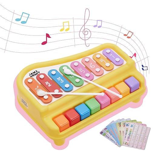 Amazon Brand - Jam & Honey Toddler Xylophone Musical Toy for Kids 3+ Years, 8-Key Multicolour Instrument with 2 Mallets, Montessori Learning Toy, Motor Skills, BIS Certified Safe, Yellow