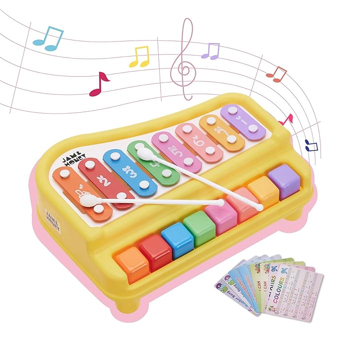 Jam & Honey Xylophone/Piano for Babies | 2 Sticks | 8 Multi-Colored Keys | Battery-Free | Musical Toy | Birthday Gift for Girls & Boys | Interactive Learning | Portable | Yellow