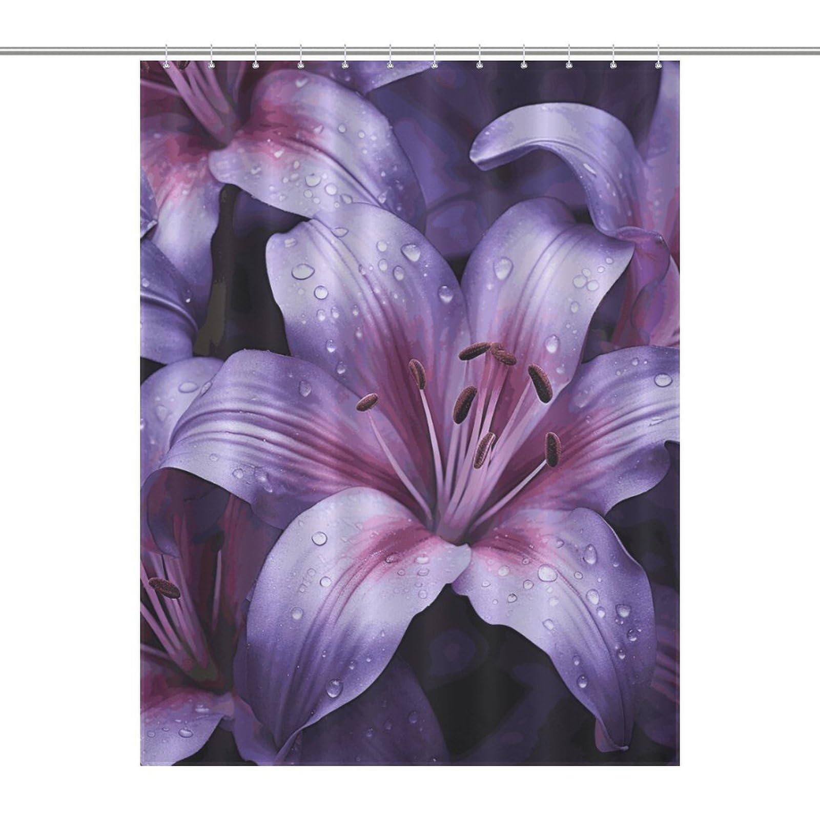 Rideau de douche extra long violet lys fleur 140x183 cm en tissu imperméable avec 12 crochets