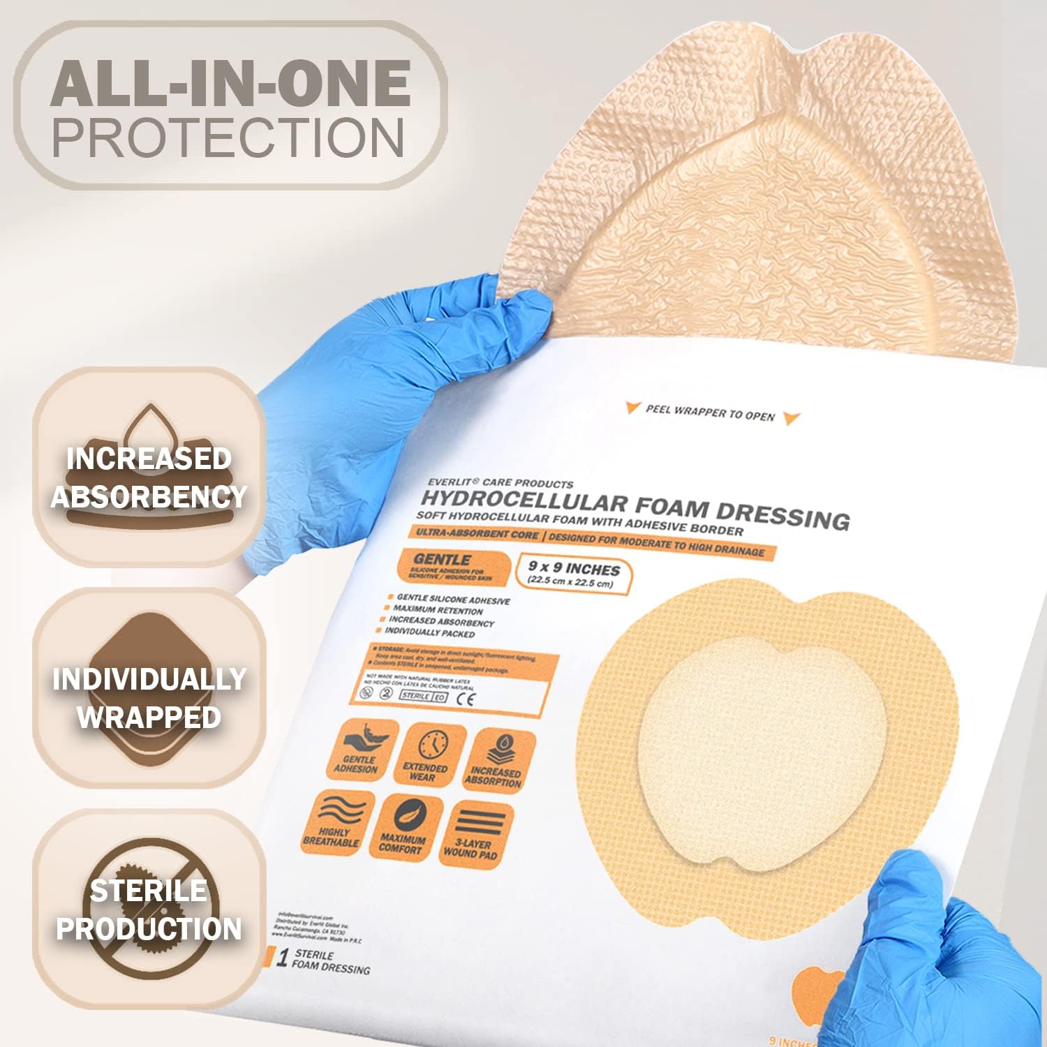 EVERLIT Sacrum Silicone Foam Dressing | Highly-Absorbent Waterproof Sacral Bandage Pad for Bed Sore Pressure Ulcer Wound Care | Sterile Adhesive Dressing for Chronic Wounds (9" x 9" | 5 Pack) - Image 3