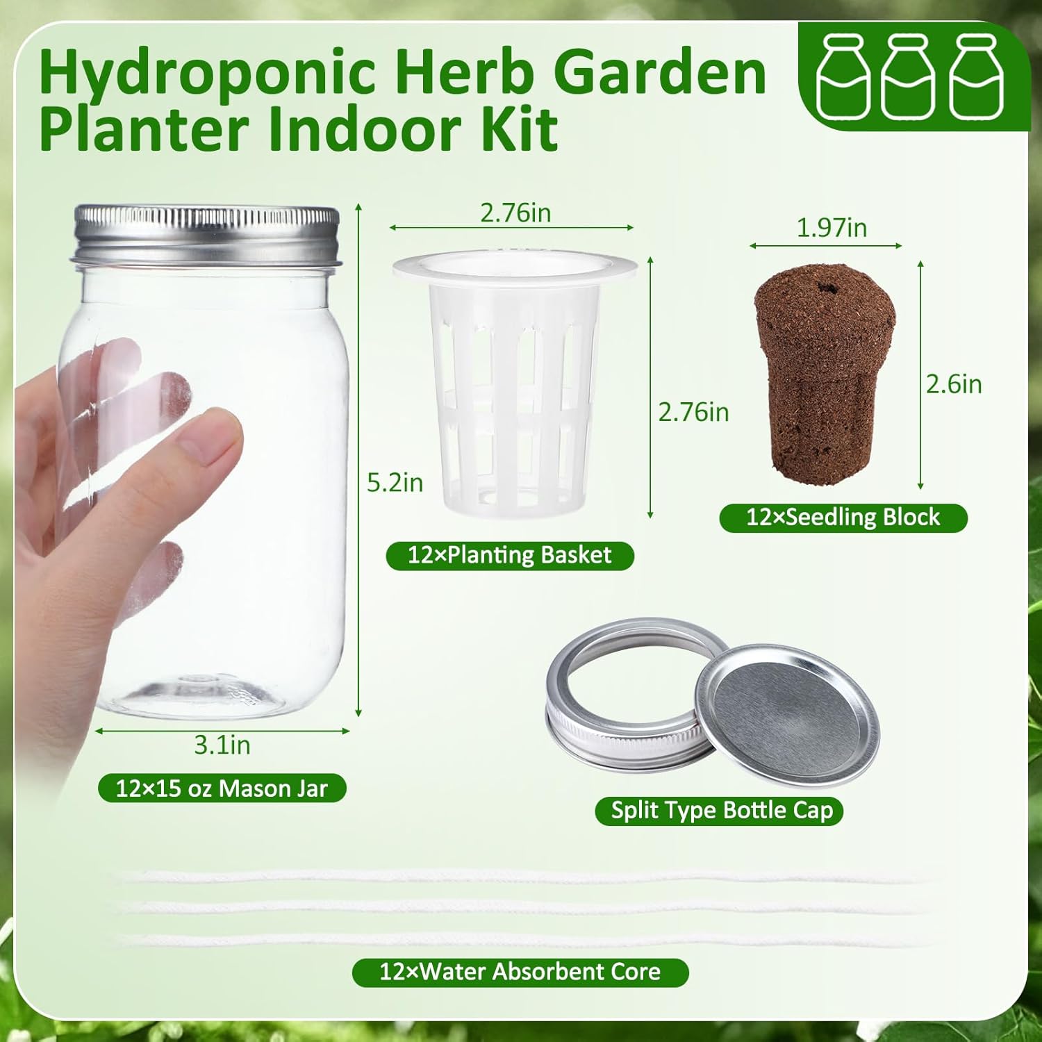 12 Set Hydroponic Herb Garden Planter Indoor Kit, Include 12 Self Watering Mason Jars 12 Planting Baskets 12 Pre Sown Growth Plugs and 12 Absorbent Cores Herb Growing Kit for Gardening
