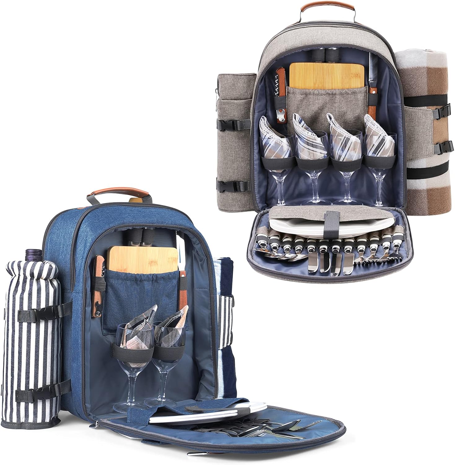 Sunflora Picnic Backpack for 4 Person Set Pack, Insulated Picnic Backpack for 2 Person Bag with Cooler Compartment (Brush Beige and Blue Stripe)