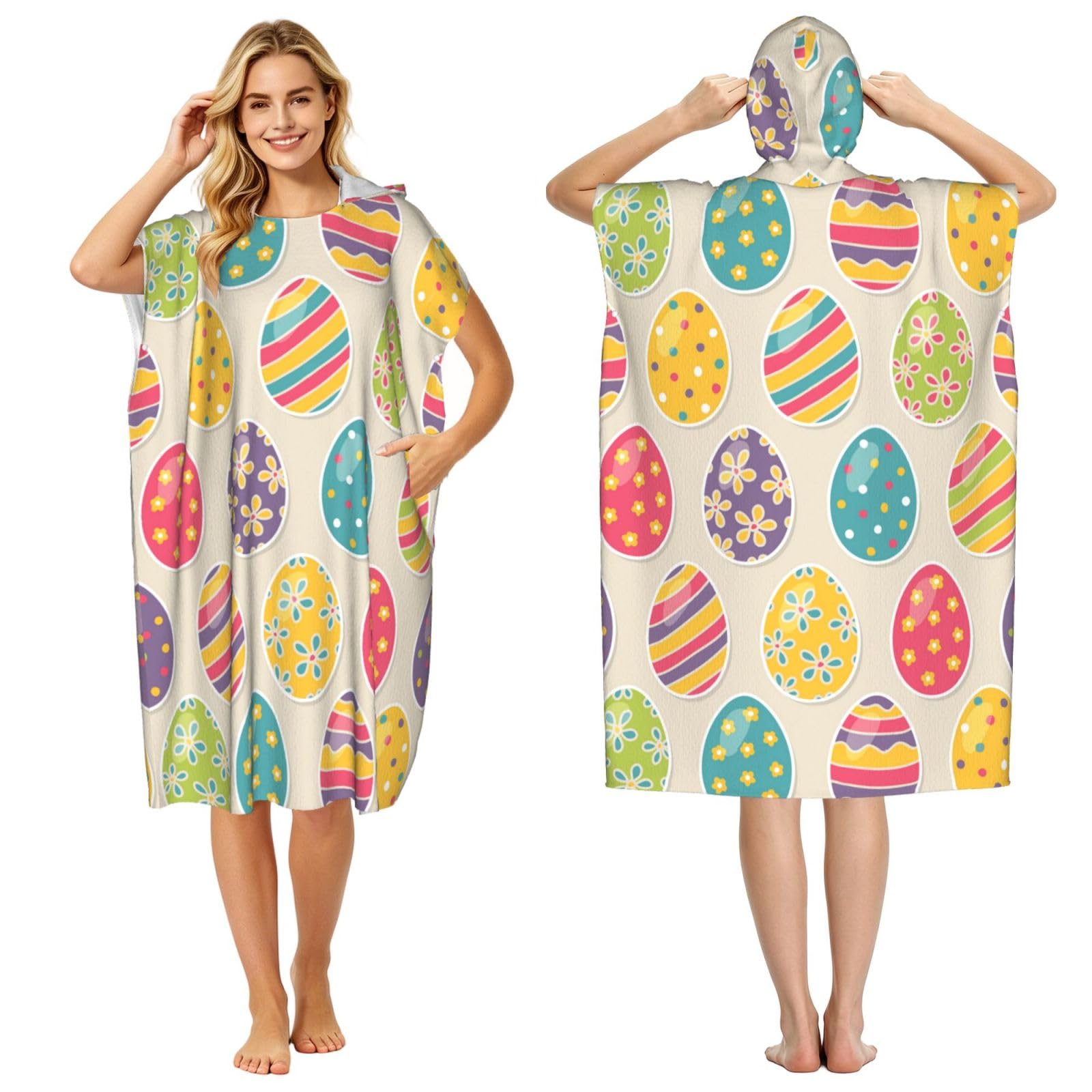 Poadnly Easter Eggs, Adult Hooded Beach Towel 90 x 110 cm,Changing Bath Robe, Surf Poncho Towel For Women Men