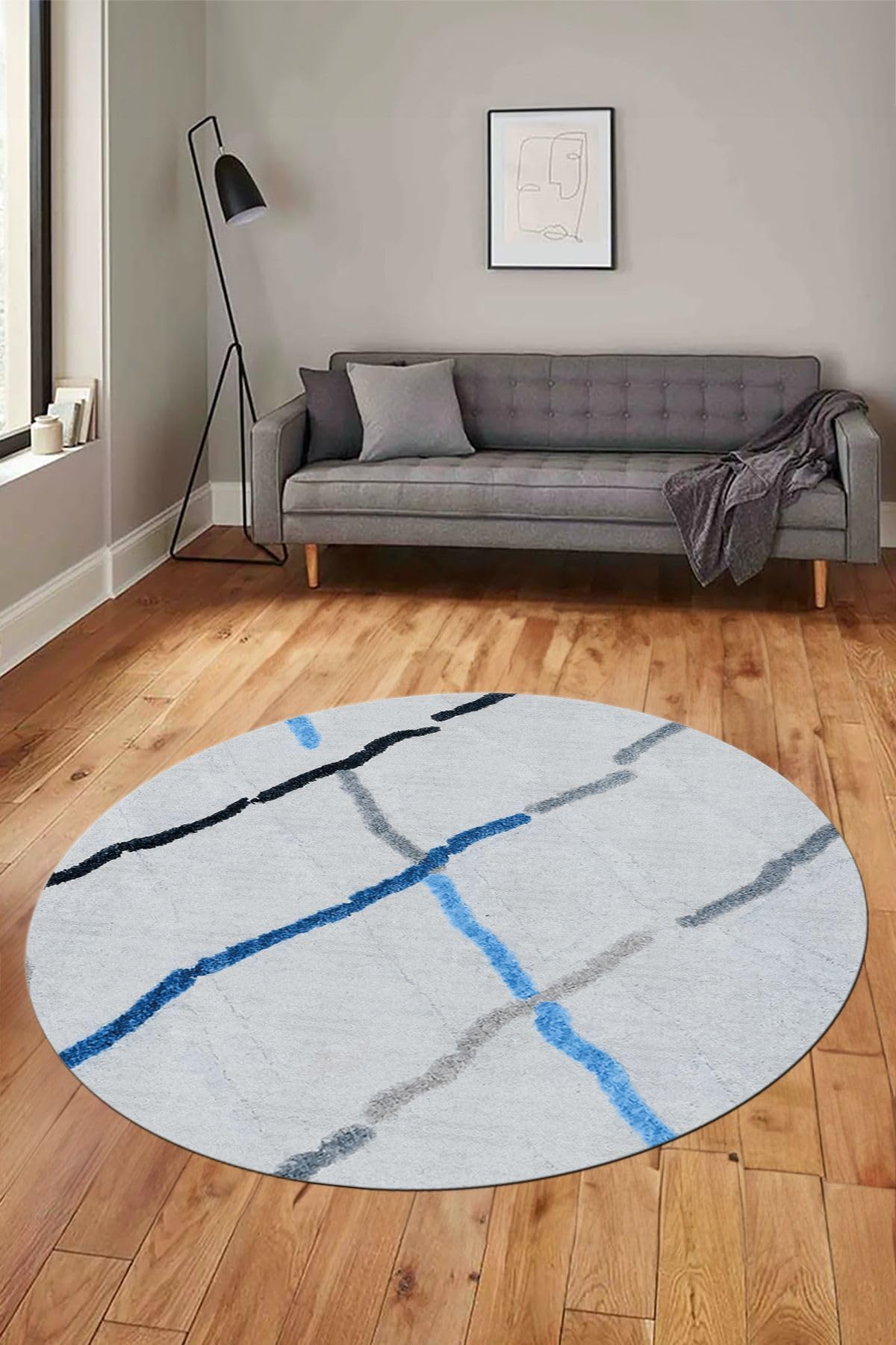 Evdeya Şık Sade Modern Desenli Dijital Kaymaz Taban Yıkanabilir Yuvarlak Mutfak Salon Halısı Y-MODERN-73, Mavi, 100 x 100