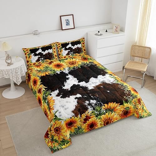 Miniatura 2 de Juego de edredón de girasol, tamaño individual, juego de ropa de cama con estampado de piel de vaca, 2 piezas para decoración de habitación de niños