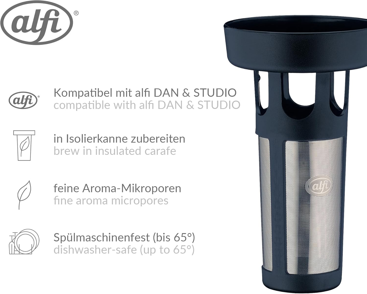 alfi Dan Tea Filter, Tea Strainer with Stainless Steel Filter Film, Filter for Direct Brewing in the Insulated Jug and Cup, Fine Aroma Micropores for Perfect Tea Enjoyment, Black