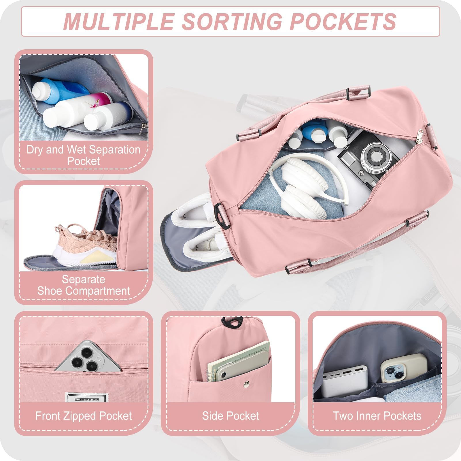 HYC00 Borsone Palestra Donna Uomo Borsa Sportiva con Scomparto Scarpe Borsone da Viaggio Sports Gym Bag Grande Borse da Palestra Piscina Donna Fitness Weekend Duffel Bag Borsa per Ospedale,Rosa