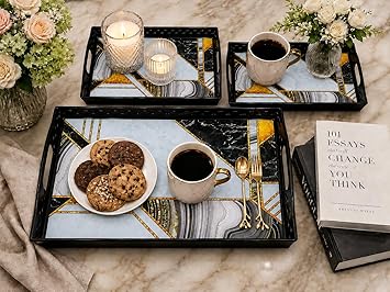 KITCHIVO™ 3 Pcs Plastic Serving Tray Set with Handle | Multipurpose Tea Snacks Breakfast Tray | Floral Printed Rectangular Serving Trays for Kitchen & Home (Black Marble Luxe)