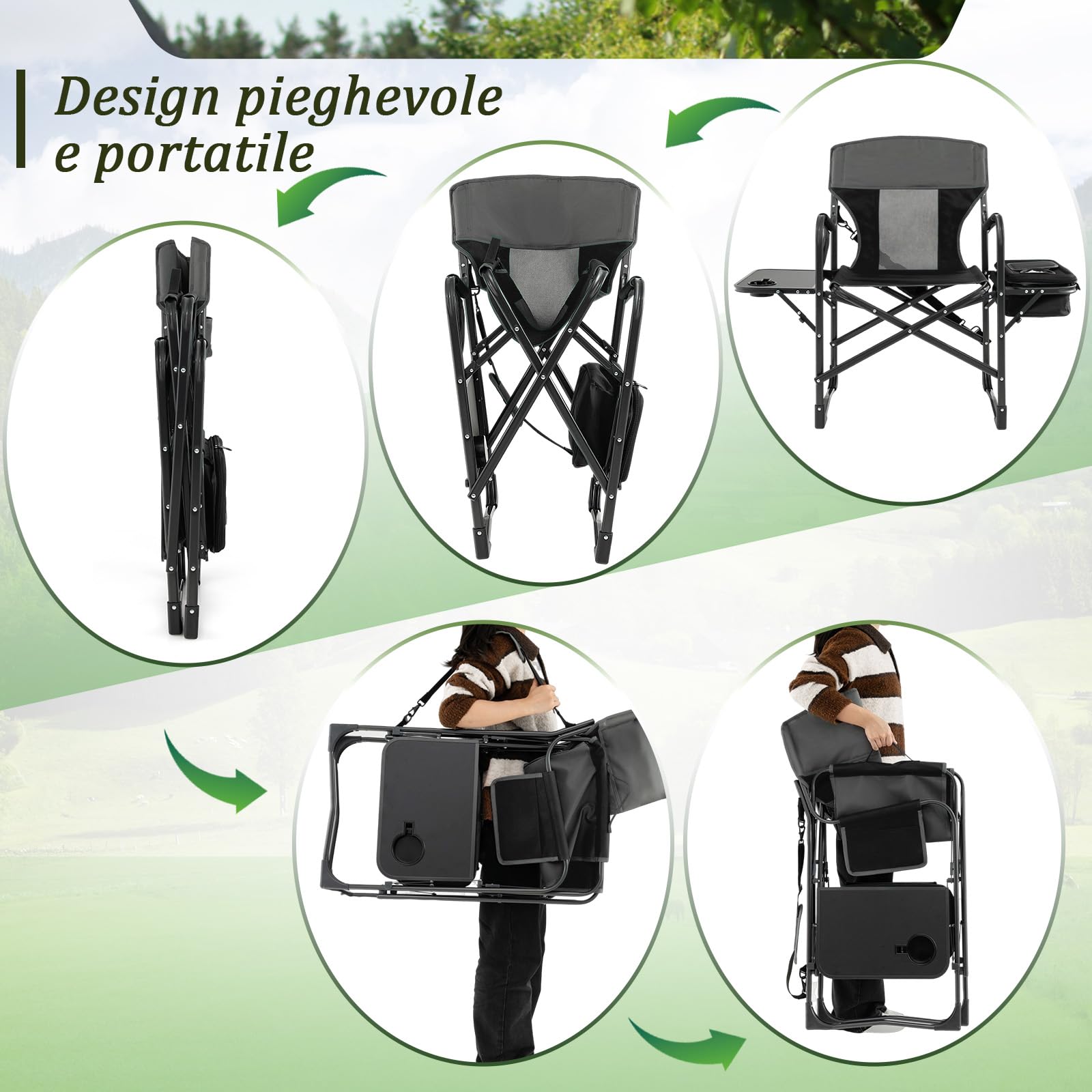 GYMAX Sedia da Campeggio Pieghevole, con Tavolino e Scomparto Laterale e Braccioli, Sedia da Esterno, Sedia da Regista con Borsa Frigo, Capacità di Carico 180 kg, 113 x 56 x 98 cm (NERO)