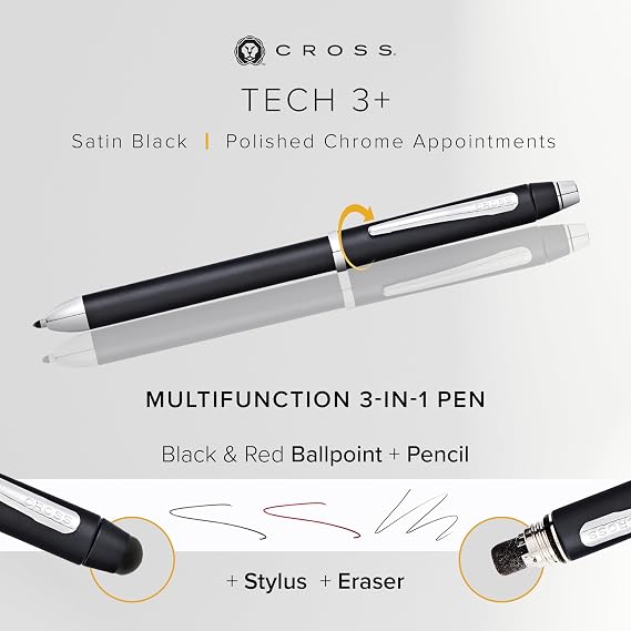 Cross Tech3+ Refillable Tech3+ Presented in a Premium Gift Box - Medium Point, Black Ink, Satin Black