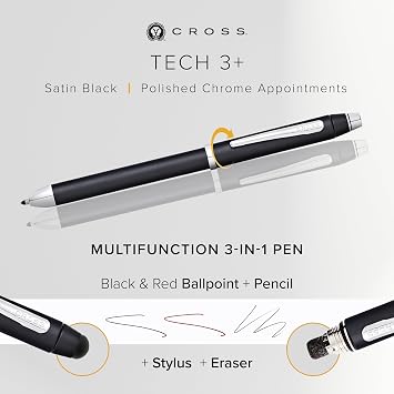 Cross Tech3+ Refillable Tech3+ Presented in a Premium Gift Box - Medium Point, Black Ink, Satin Black