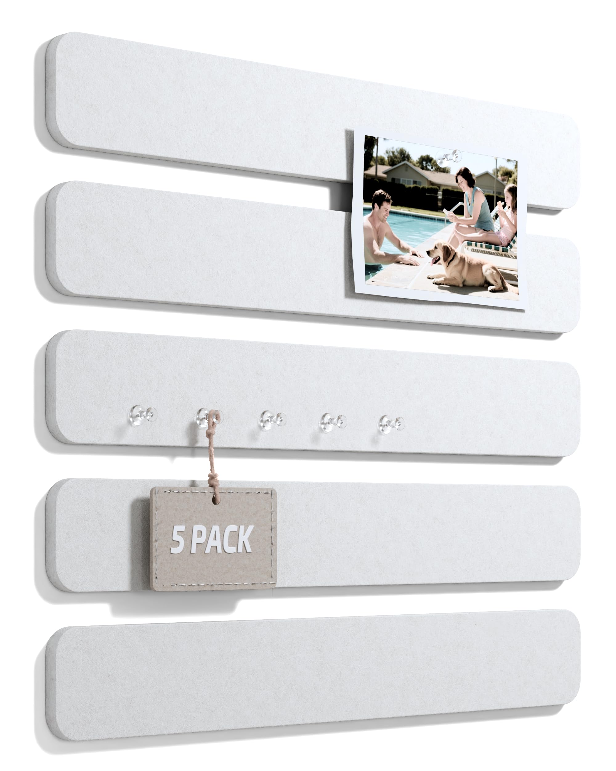 Fluxynara Cork Board Alternative Felt Strip Board 5-Pack 33x5 cm, Office Pin Board with Push Pins, Adhesive Install for Bedroom Door & Home Office (Milky White)