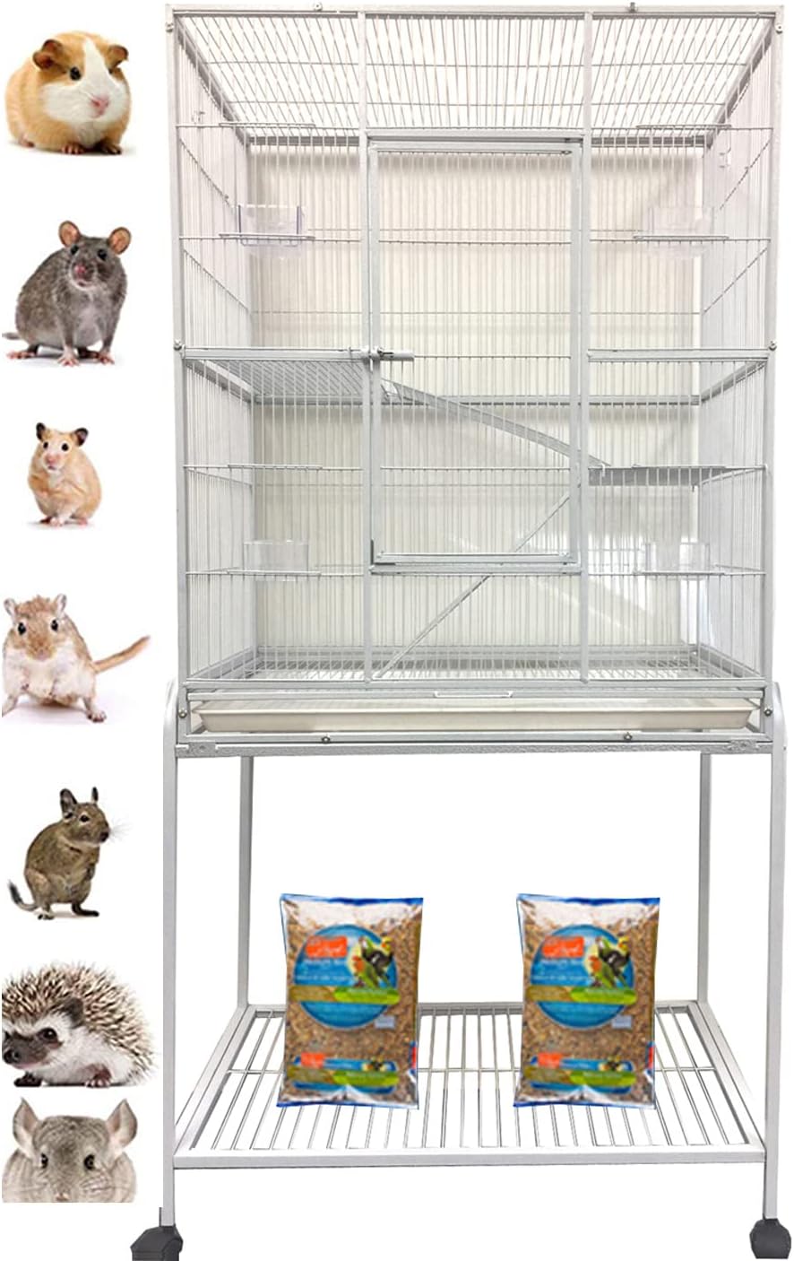 64" Extra Large Wrought Iron Chewproof 4-Levels Tight 1/2-inch Bar Spacing Ferret Chinchilla Sugar Glider Mice Rat Home Cage with Removable Stand On Wheels