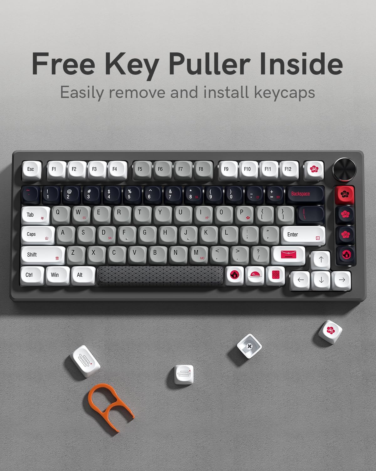 MOA Profile PBT Keycaps,132 Keys Janese Style Gray White Red Keycap Set, Dye-Sublimation, MOA Profile, Cute Anime Theme for Most 60% 65% 75% 80% 100% US Layout Cherry MX Switches Mechanical Keyboard