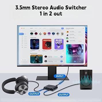 3.5mm Audio Switcher, 2 in 1/1 in 2 Out, Bidirectional Stereo Audio Switch, 2 Port AUX Manual Selector Splitter for PC Phone Laptop and Headphone More