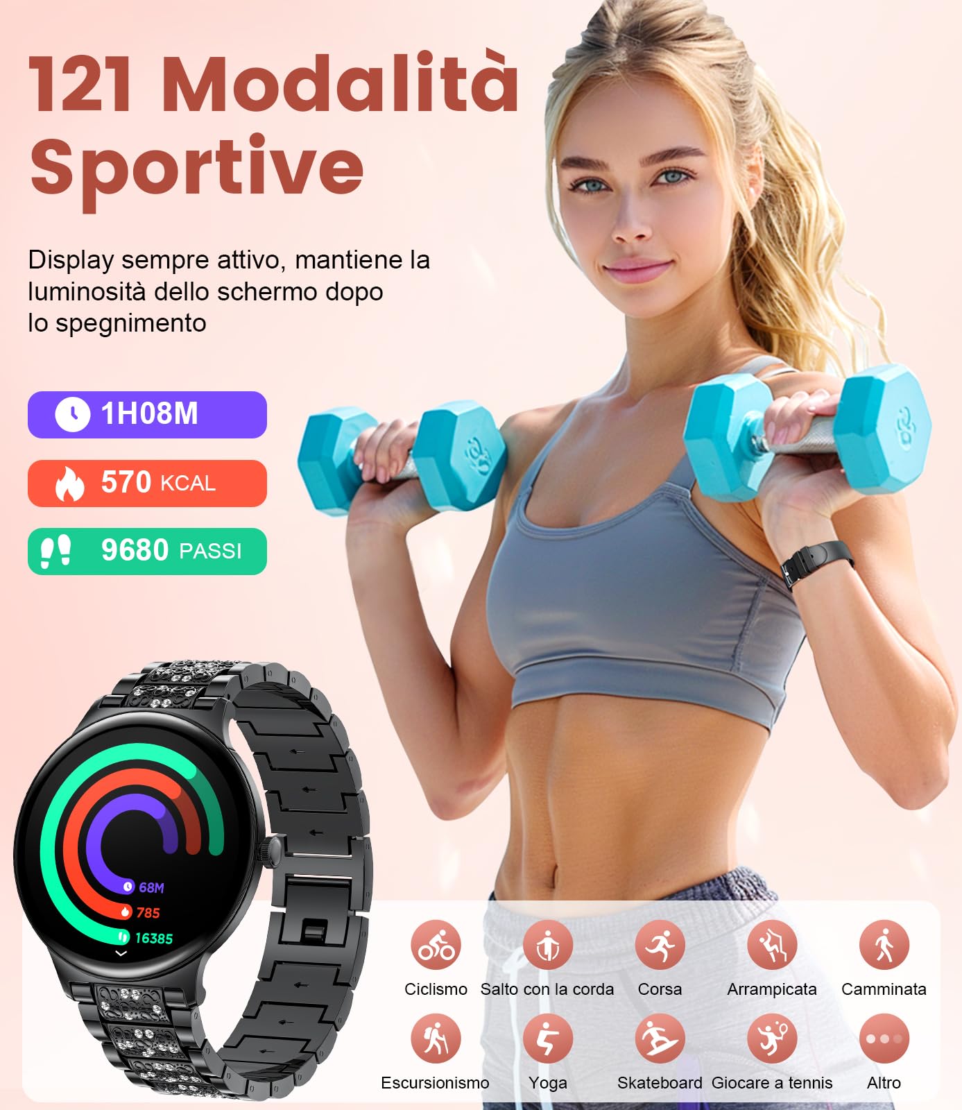 LIGE Smartwatch da donna 1.43" AMOLED rotondo touch screen con funzione telefono, fitness tracker donna 120 + modalità sport/IP68/SpO2/frequenza cardiaca/ciclo mestruale Diamond Smart Watch per iOS
