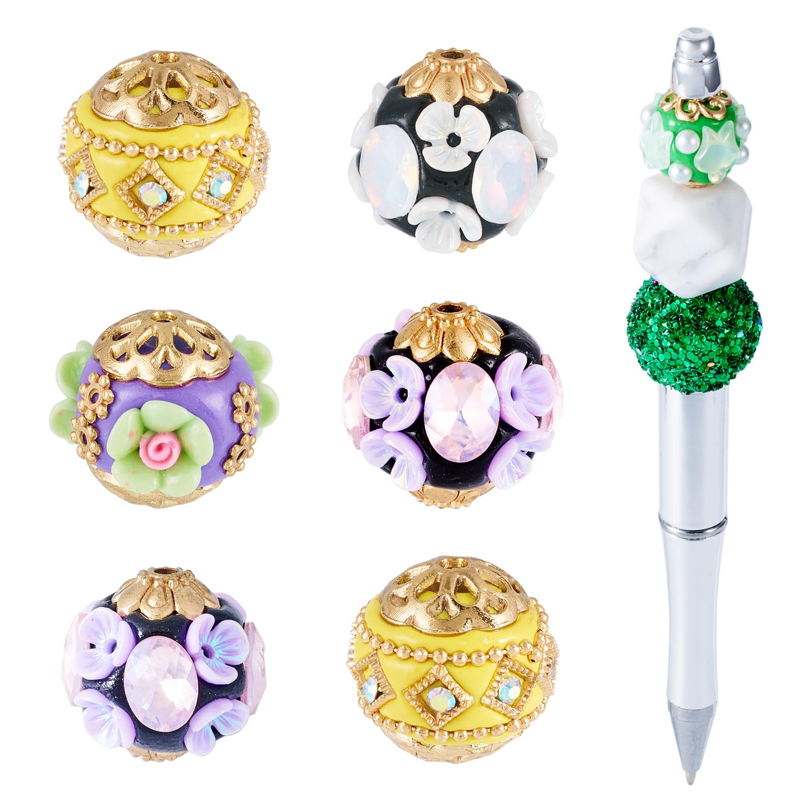 FASHEWELRY 6pcs Rhinestone Focal Beads for Pens, 15.520.5mm Alloy Beads with Flower, Perfect for Jewelry Making