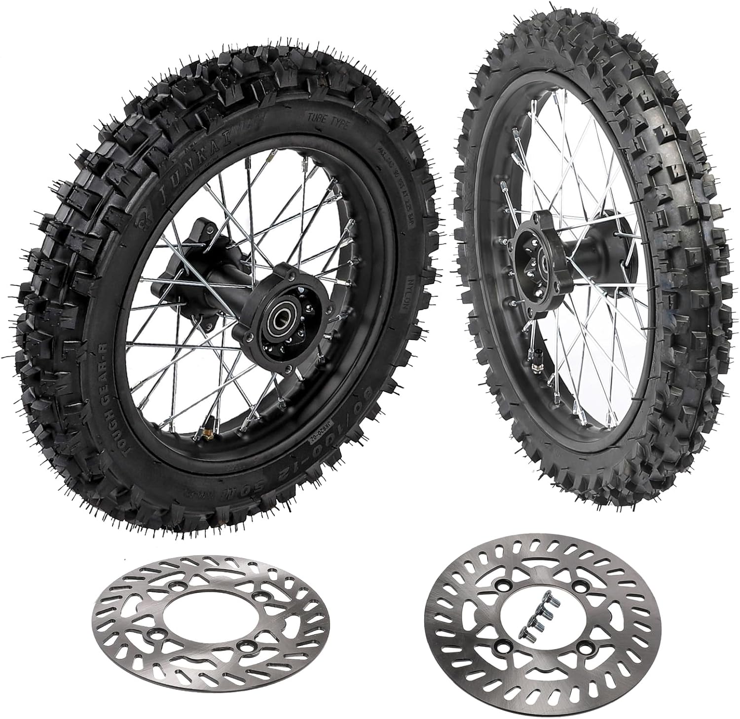2.50-14 60/100-14 Front 3.00-12 80/100-12 Rear Rim Wheel Tires with Brake Disc for 50cc 90cc 110cc 125cc SSR125 TTR110 PW80 CRF70 KLX110 Apollo TaoTao DB14 Coolster Pit Bike Motorcycle (12mm Bearing)