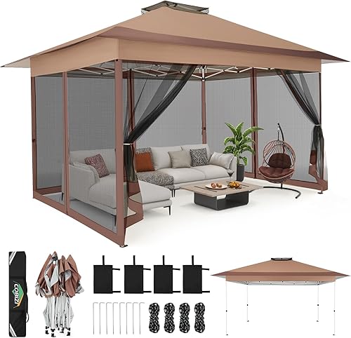 Miniatura 21 de COBIZI - Tienda desplegable de 3,66 x 3,66 metros en oferta - Cenador portátil de metal para exteriores con mosquitero, impermeable - Cenador Caqui