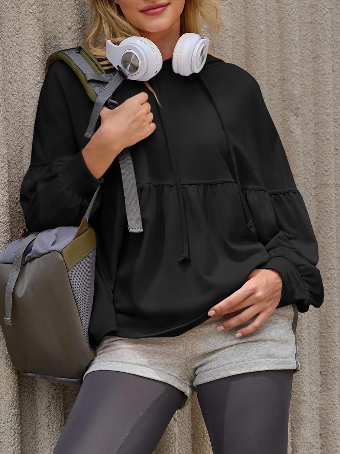 Fisoew Womens Oversized Hoodies Sweatshirts Casual Lantern Long Sleeve Drawstring Peplum Hem Loose Hooded Pullover Tops Black - Image 5