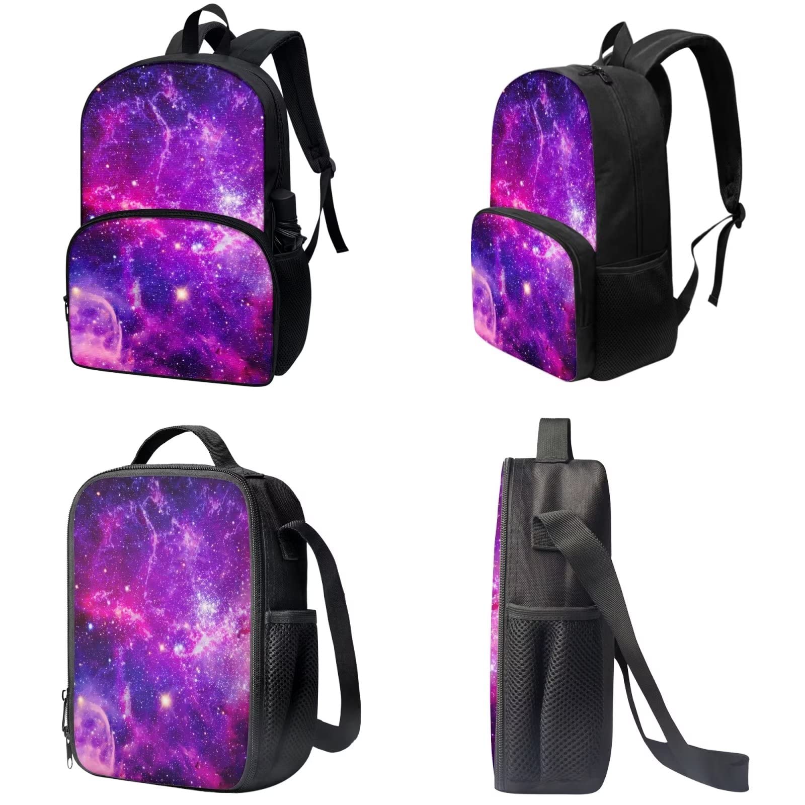Poceacles Schultasche und Lunchbox-Set für Teenager, Jungen, Grundschule, Büchertasche, Federmäppchen für Grundschulkinder, Lila Galaxy, Einheitsgröße