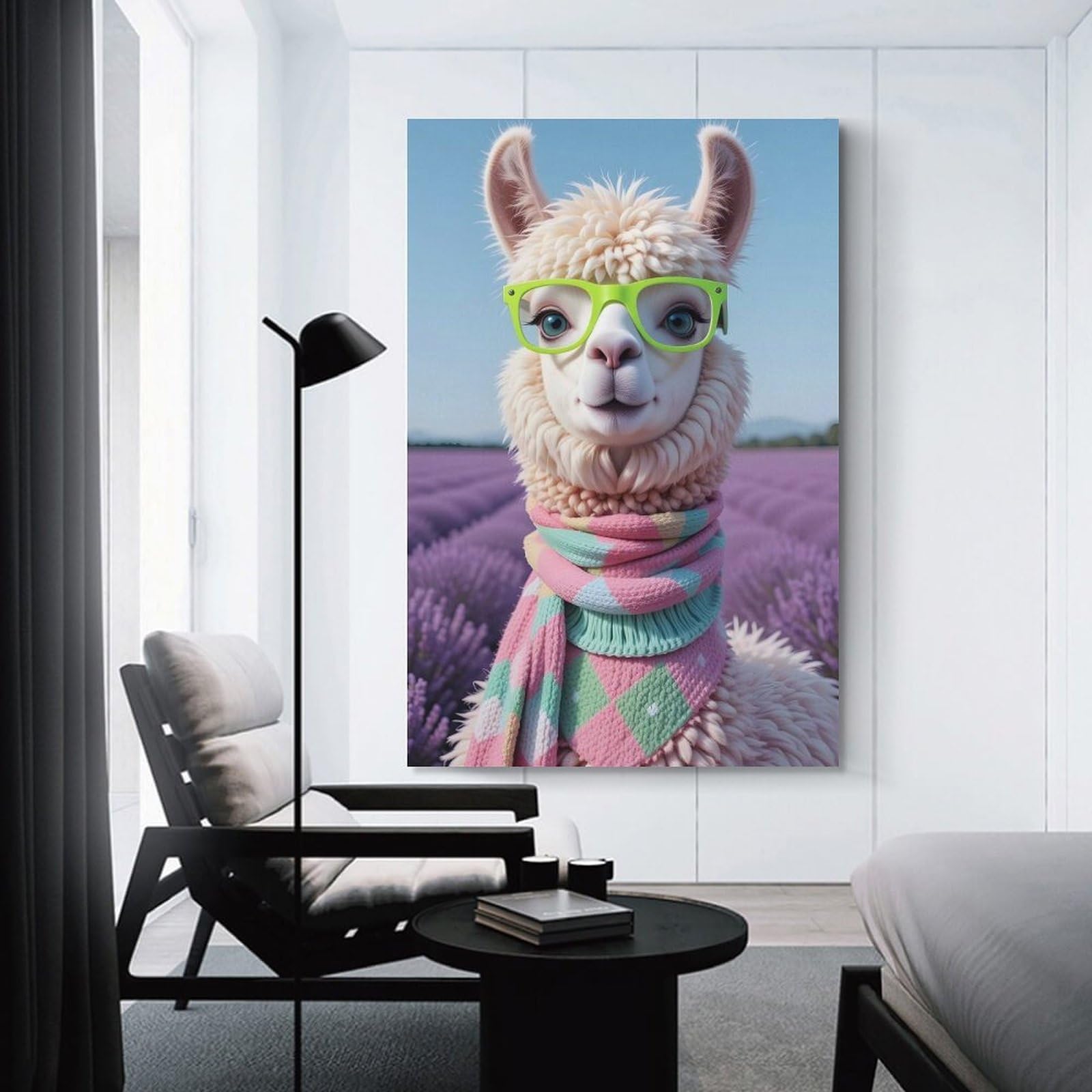 Junmoney Unframe-Style-7 Decorative Wall Artwork Llama With Glasses In Lavender Field, 20X30inch(50X75cm), For Contemporary Homes, Apartments Or Offices, An Easy Choice For New Home Styling