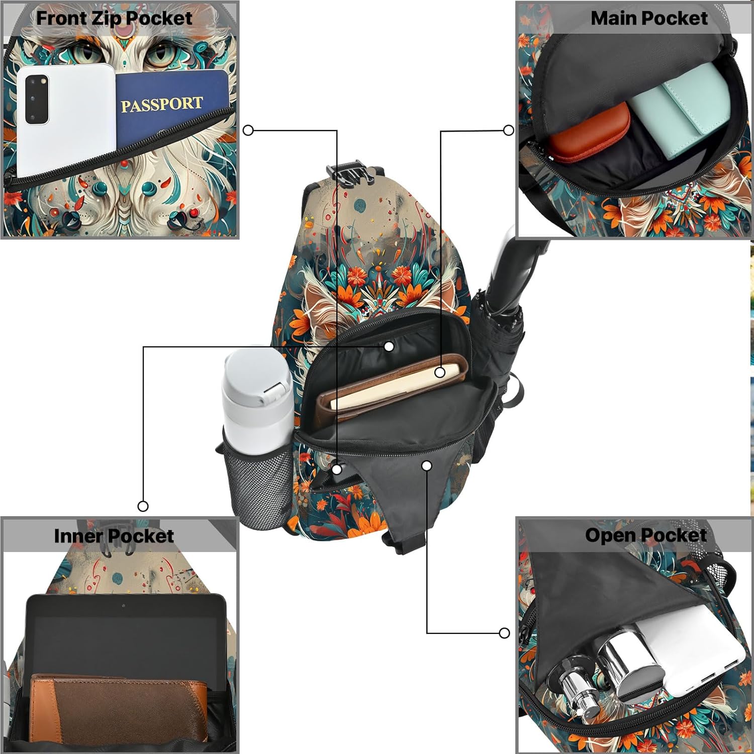 FyLybois Cat Sling Bag for Women Crossbody Backpack Lightweight Chest Daypack Fashion Shoulder Bags for Travel Hiking Biking - Image 6