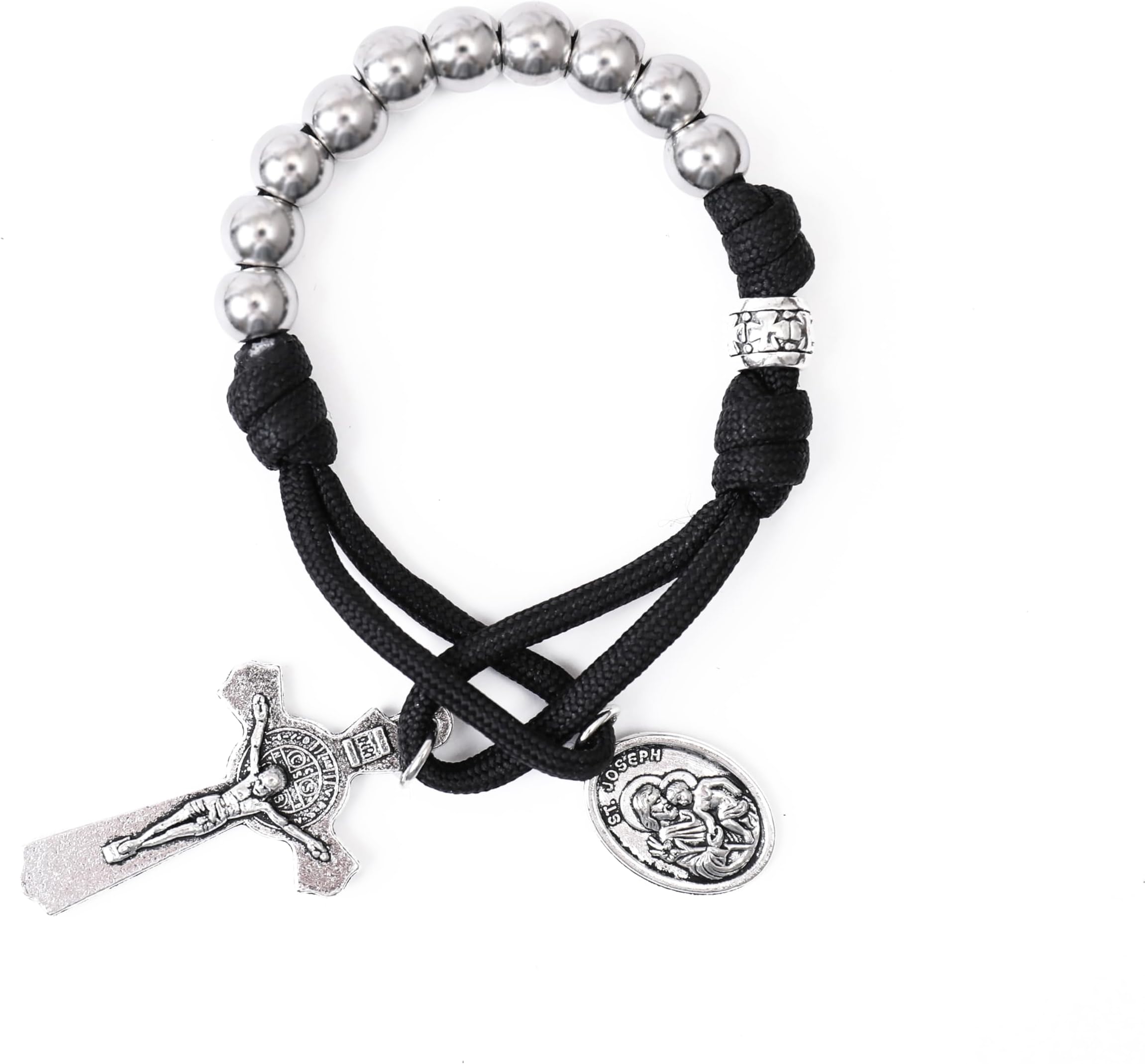 Olive Military One Decade Paracord Rosary Silver Beads Pocket Car Rosary Pray For Us St. Joseph Medal & St. Benedict Cross