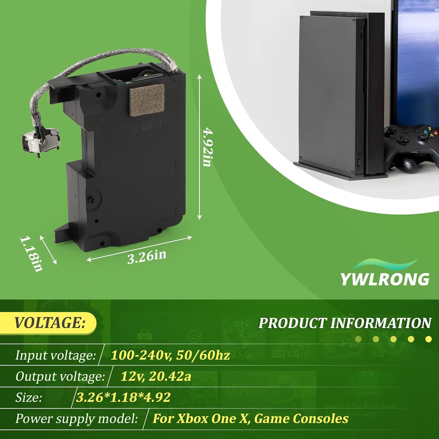 Power Supply for Xbox One X Internal Power Source with AC Adapter Replacement Console Accessories Parts with Power Cable Repair Tools