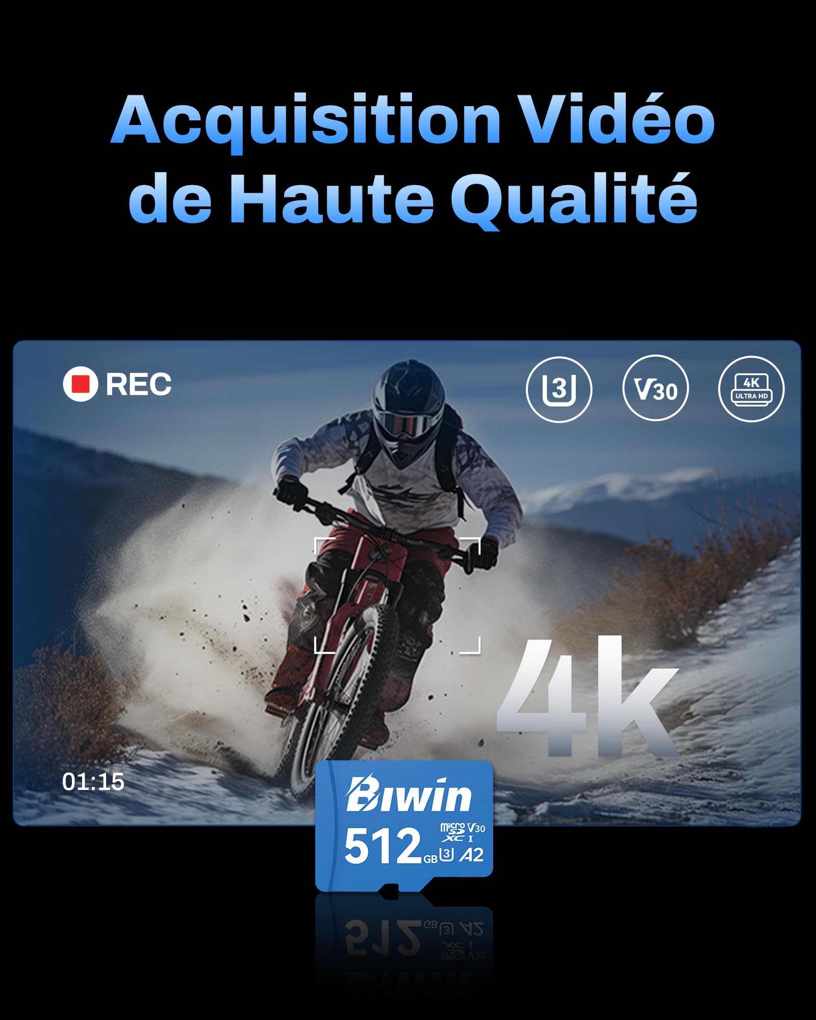 Carte Micro SDXC Biwin MS210, 512 Go, jusqu'à 210 Mo/s, UHS-I V30 4K UHD A2 U3. Compatible avec appareils Photo numériques, Smartphones, caméras d'action et Drones.