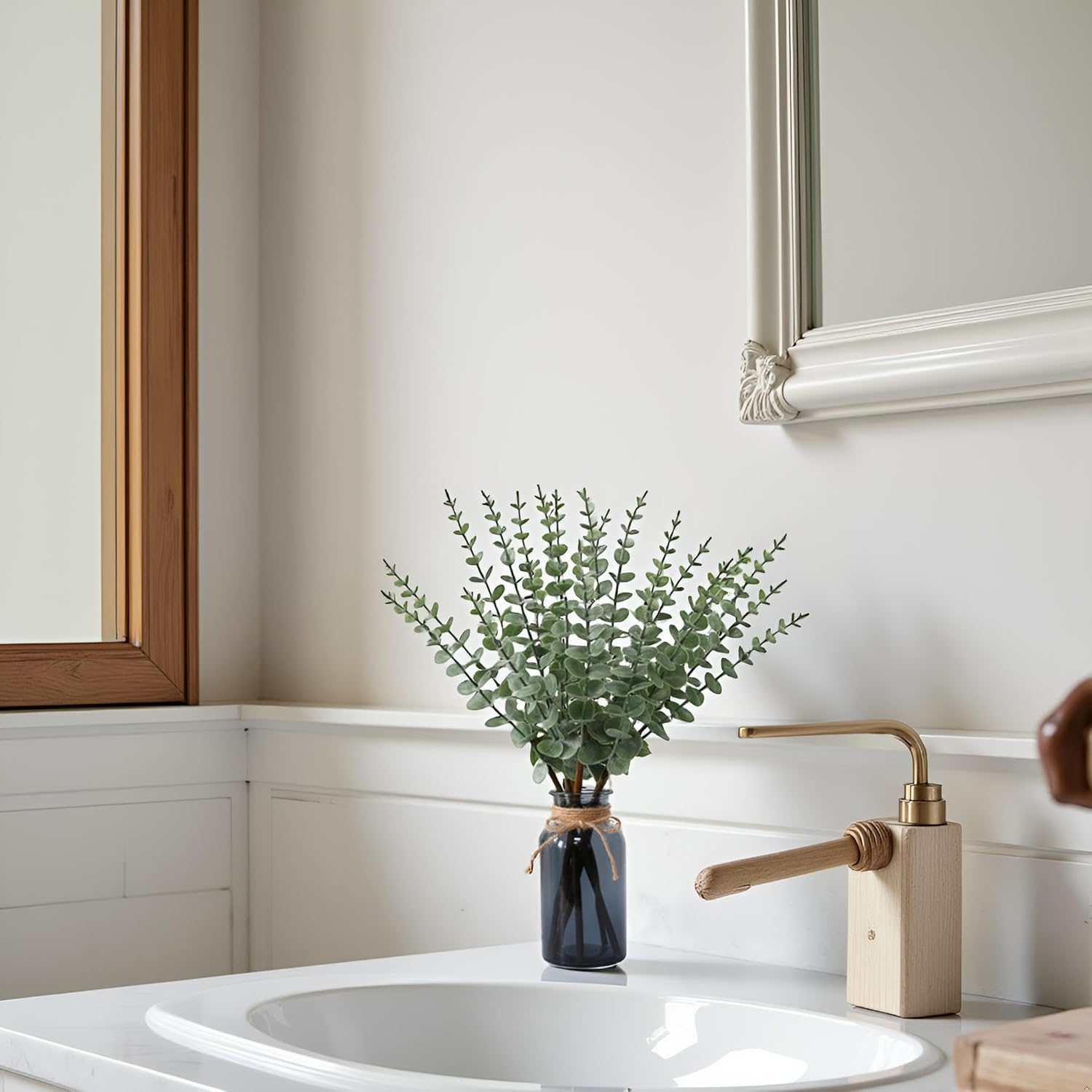 Leftover 18.8" Artificial Eucalyptus Stems in Black Glass Vase,Fake Plant Eucalyptus Plant for Centerpiece Table Decorations Black Bathroom Farmhouse Home Decor - Image 2