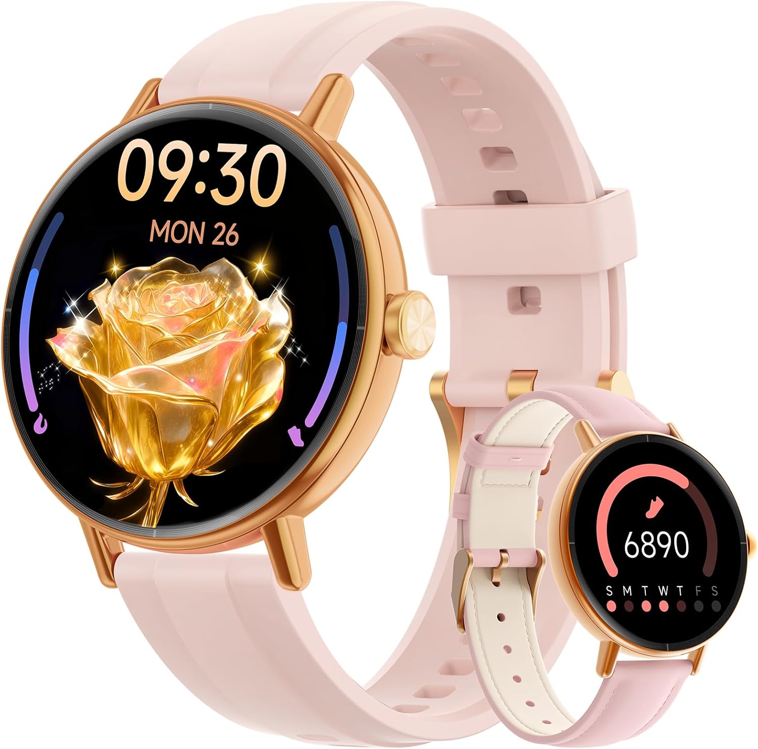 smart watches for women,1.27" hd fitness tracker answer/make call, heart rate/sleep/spo2?round smart watch for iphone/samsung/android,ip68 waterproof?110+ sport mode-pink(2 bands) pink 1.27 inches