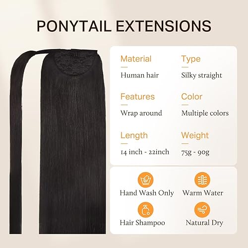 Miniatura 2 de Extensiones de cabello humano con clip DOORES color negro natural, 18 pulgadas, 2.82oz, extensiones de cabello real de cola de caballo con clip,
