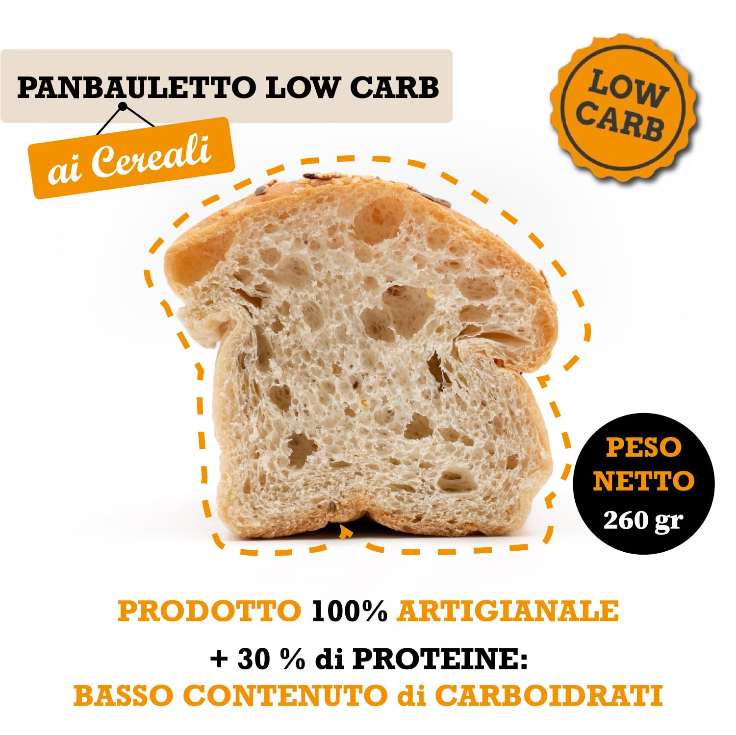 Bolle di pasta® Pan Bauletto ai Cereali – Pane Low Carb ad Alto Contenuto Proteico, +30% Proteine, Solo 2,3g Carboidrati – 100% Artigianale e Naturale-260g-Per Dieta Chetogenica, Fitness (1 Unità)