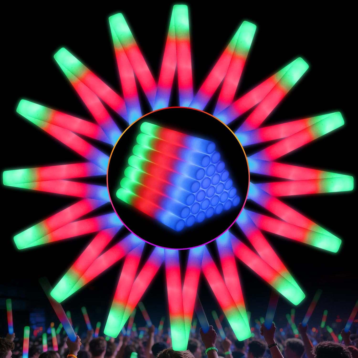 56PCS Foam Glow Sticks Bulk, Light up Foam Sticks with 3 Modes of Color Flashing, Glow Sticks Party Pack, Light up in the Dark Party Supplies for Wedding, Concert, New Year, Halloween