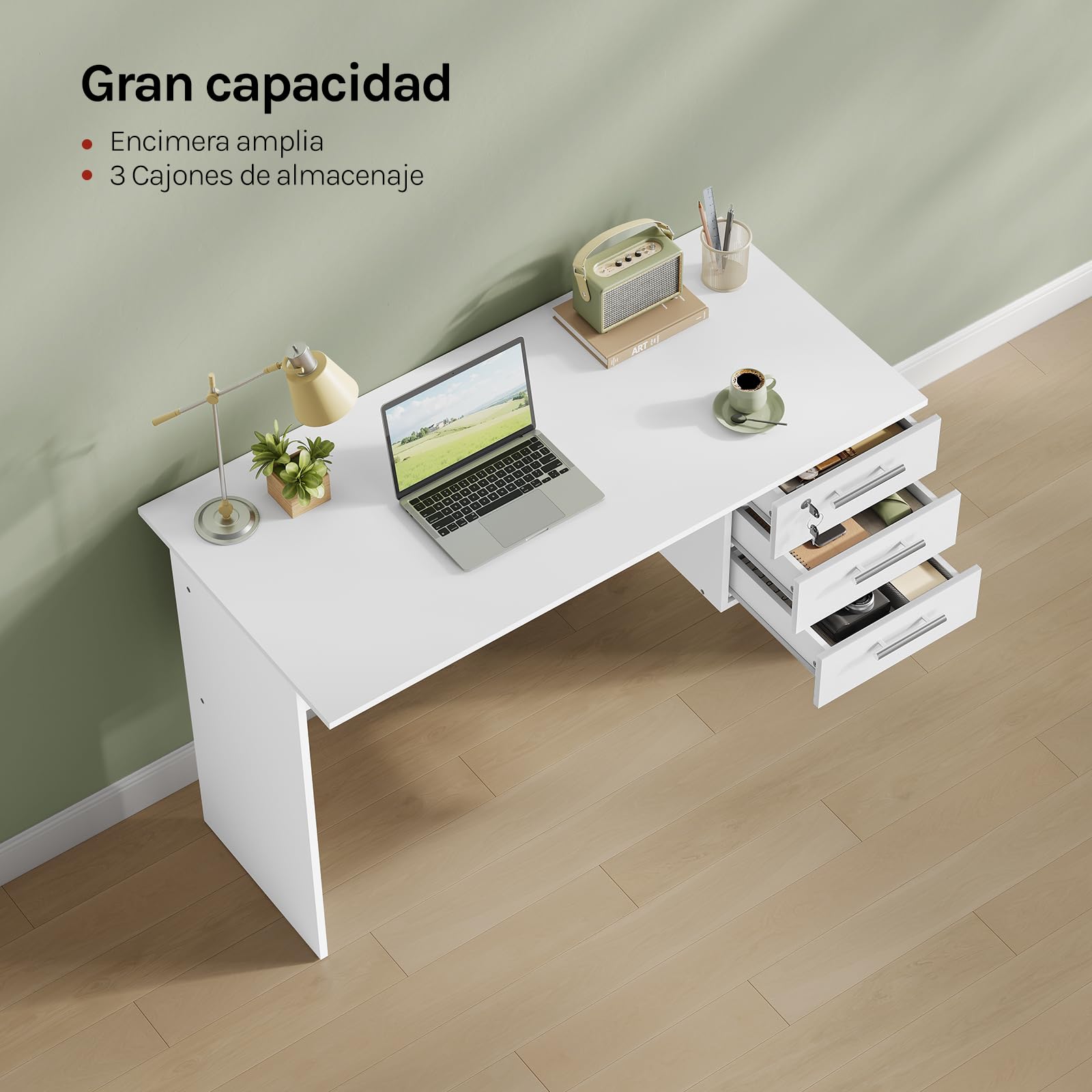WOLTU Mesa de Ordenador, Escritorio de Trabajo con 3 Cajones, 120x60x75 cm, Mesa Escritorio para Oficina Dormitorio Despacho y Estudio, Blanco