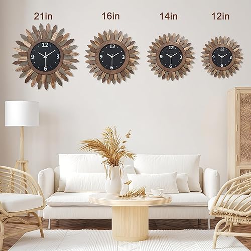Miniatura 4 de Honiway Reloj de pared de 16 pulgadas, de madera rústica, bohemio, con rayos de sol, decorativo, funciona con pilas, silencioso, sin tictac, relojes