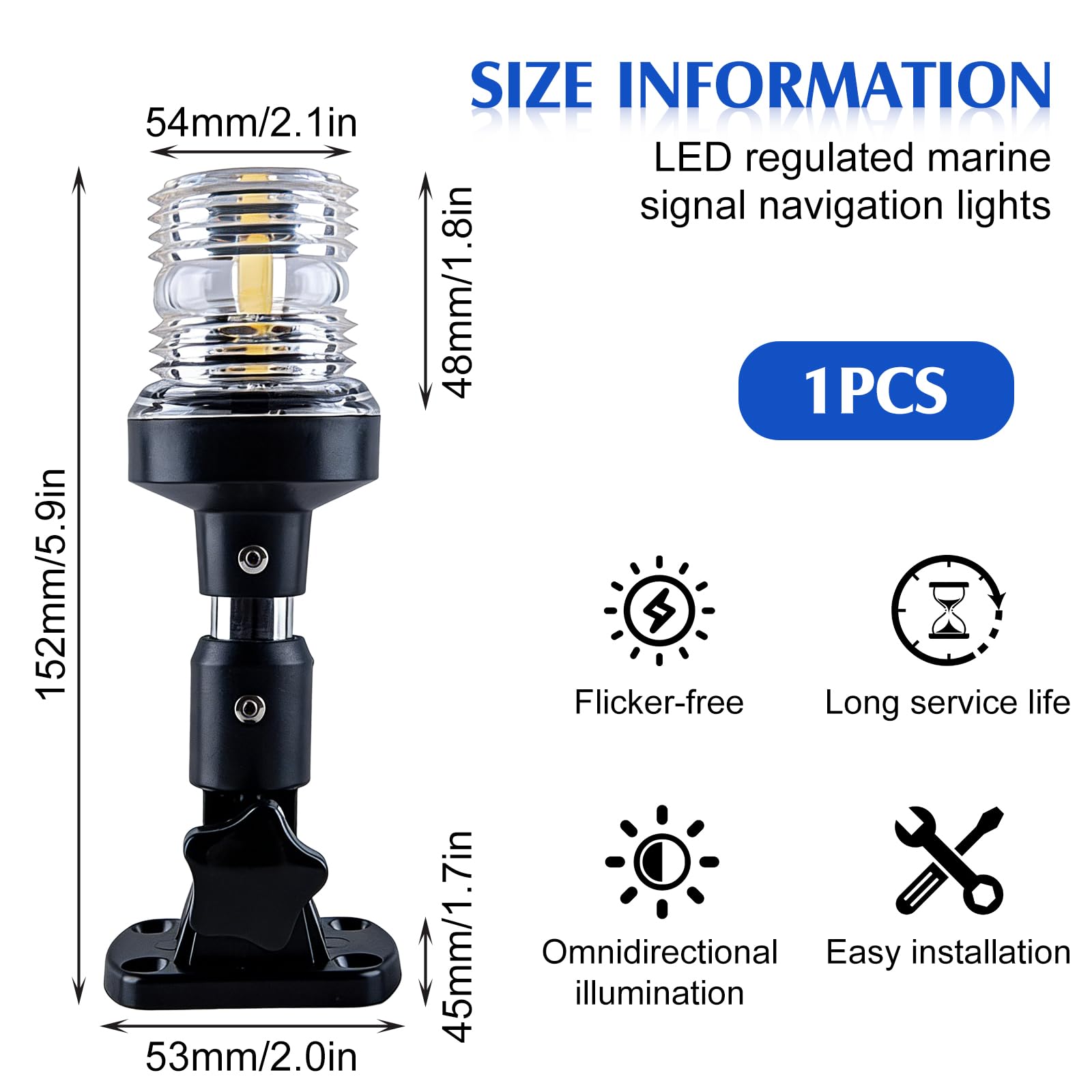 Luce di ancoraggio, luce di navigazione da 15 cm, impermeabile IP67 a 360°, luce di ancoraggio per barche, rotazione a 180°, 12V~24V, luce di navigazione a LED per barche marine, luce di ancoraggio a