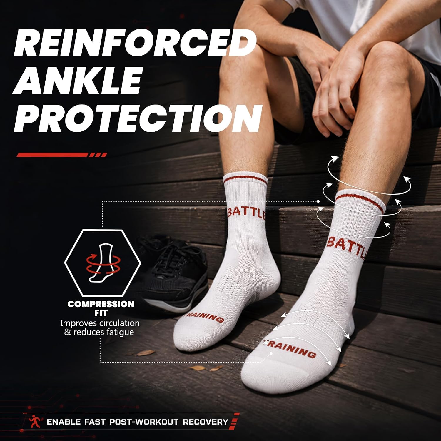 6 Pairs Men's Cotton Crew Work Socks, Moisture Wicking Hiking Running Socks, Anti-Blister Seamless Toe & Breathable Mesh, Durable Athletic Performance for Workout & Marathon