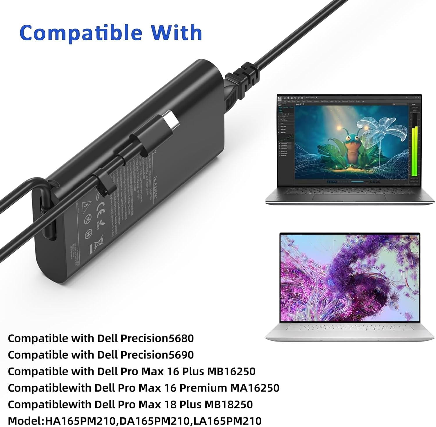 165W Gan USB C Charger Compatible with Dell Precision 5690 5680 3581 3580,Latitude 7640 7340 5540 5440 9440, Inspiron-14 16 Plus 7640 7430 Pro Rugged Laptop DA165PM210,LA165PM210,HA165PM210