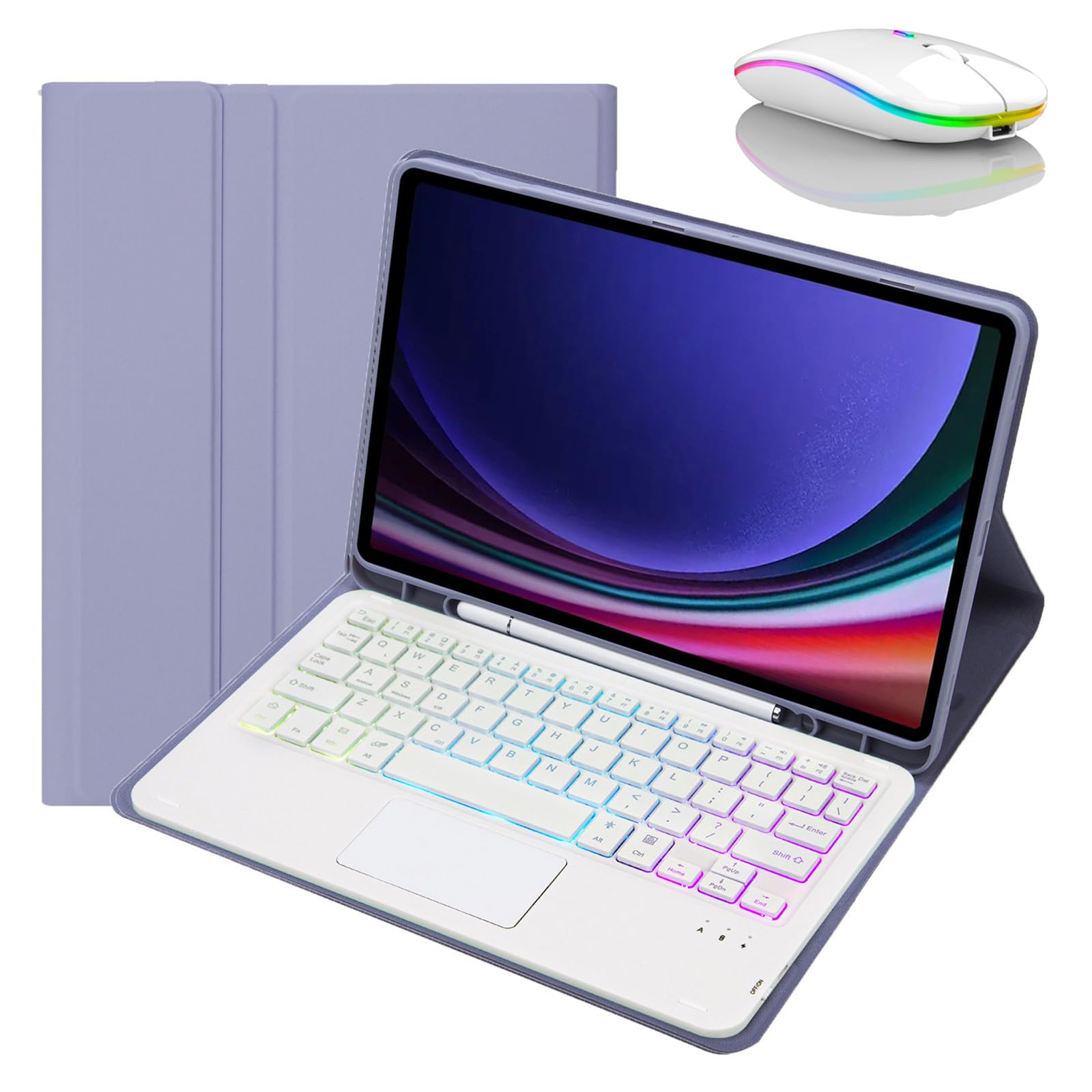 Etui z klawiaturą do Samsung Galaxy Tab S10 FE Plus 13,1 cala 2025, Odłączana Podświetlenie Klawiatura Bezprzewodowa z Uchwytem Na Ołówek, Cienka Obudowa Folio z Myszą Bluetooth,Purple