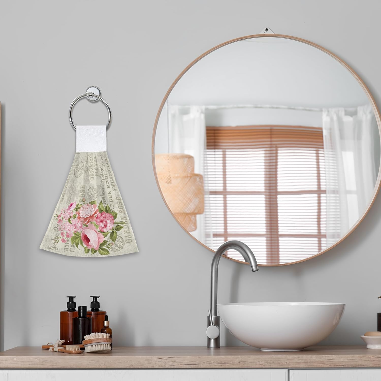 Vintage Pink Rose Flowers Hanging Kitchen Towels 2 Pieces Hand Towel Loop Dish Cloth Tie Towels Tea Bar Towels for Bathroom Farmhouse Housewarming Tabletop Home - Image 6