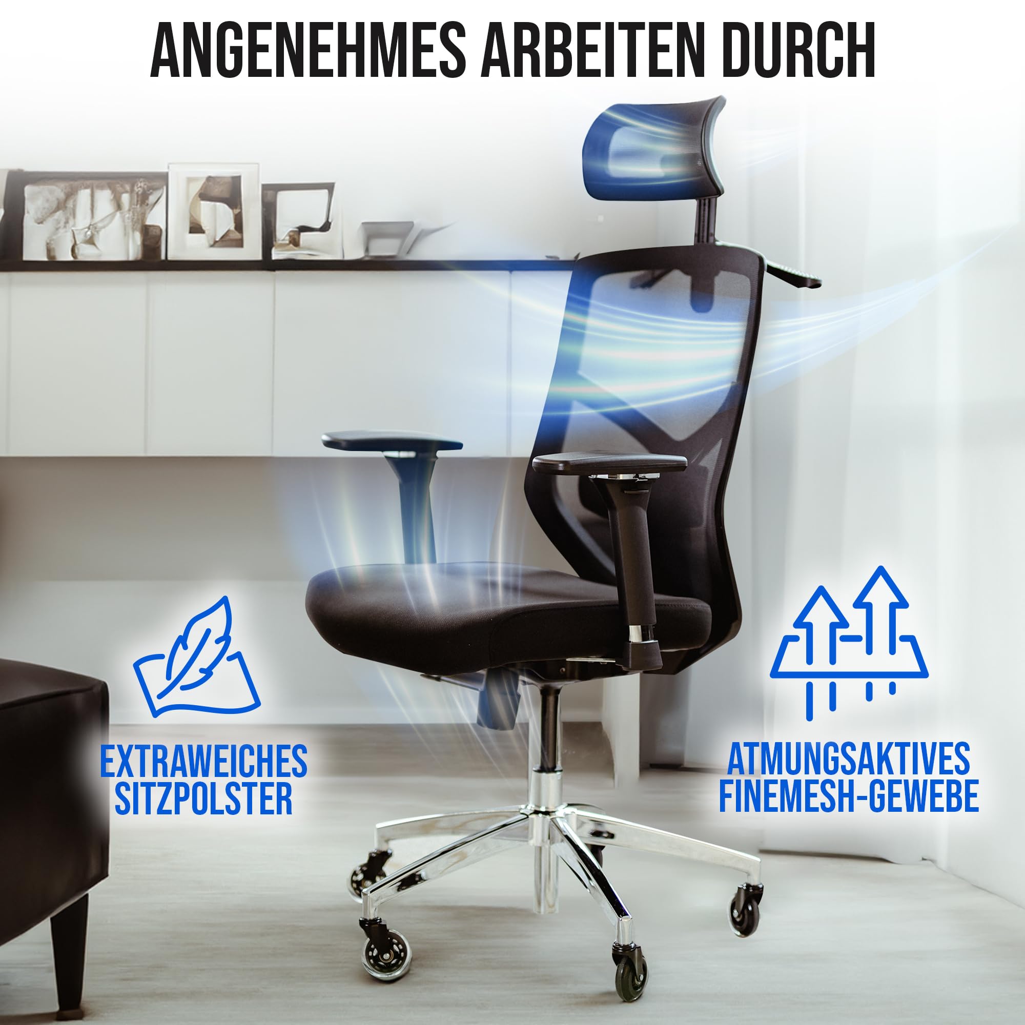 ELITESEATS Bürostuhl Ergonomisch TESTSIEGER Kratzerfreie Rollen Atmungsaktiv 150 kg Belastbar Drehstuhl Home Office Chair