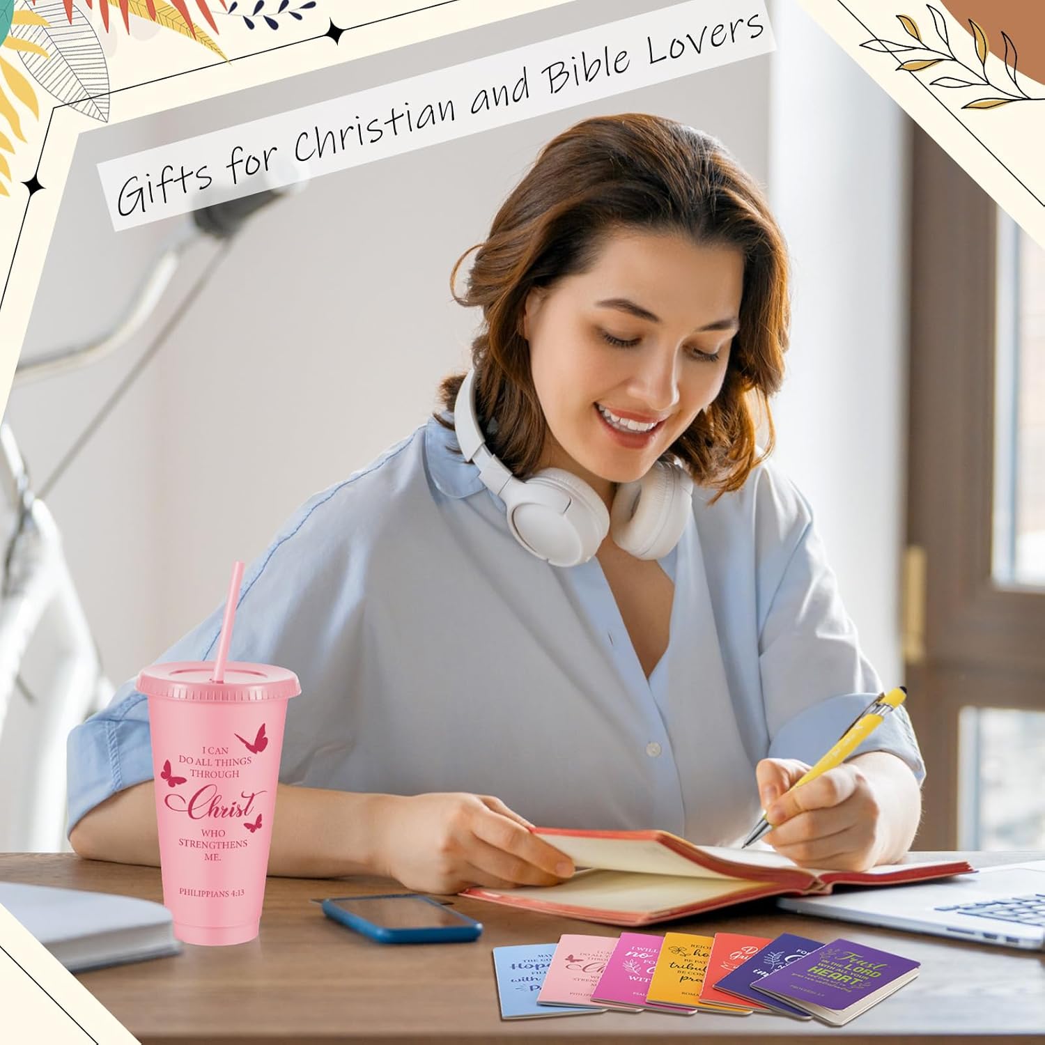 12 Set / 48 Pcs Christian Church Gifts Plastic Cups with Bible Verse Pens Keychains Notebooks for Women Men Volunteer Christian Party Gifts (Colorful) - Image 6