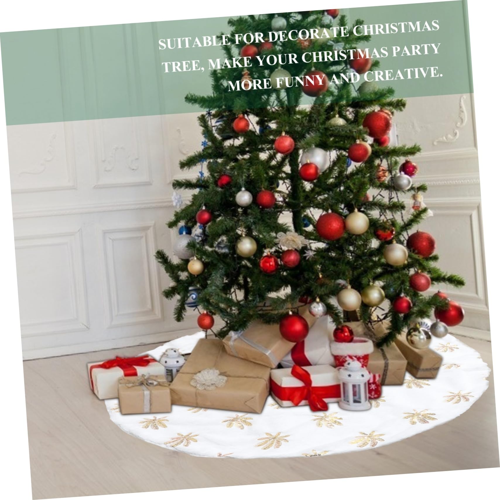 ULTECHNOVO Goldene Weihnachtsbaumdecke aus Strumpfplüschtuch mit Stickerei Christbaum Fußabdeckung für Weihnachtsdeko im Innenbereich